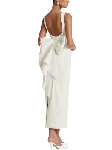 SHANDUAO Satin Pearl Brides Dress with Bow on Back Tea Length Bodycon Formal Evening Party Dress with Slit ZM049