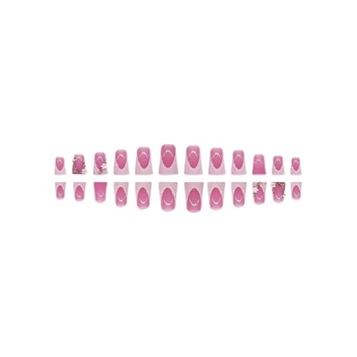 Image of French Tip Press on Nails White Fake Nails Short Nail with Rhinestone Design Flower Glue on Nails Glossy Reusable Artificial Acrylic Full Cover False Nail Duck Stick on Nails for Women Manicure 24Pcs
