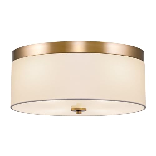 Kira Home Walker 15' Large Mid-Century Modern 3-Light Flush Mount Ceiling Light, White Fabric Shade + Round Glass Diffuser, Cool Brass Finish