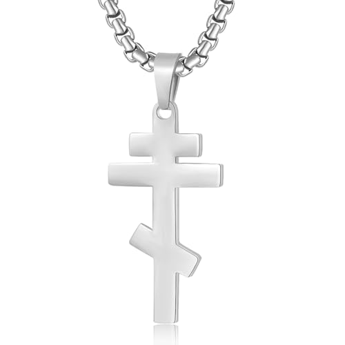 Orthodox stainless steel cross necklace for men and women, simple and retro silver glossy titanium steel cross pendant (Silver-1.2 in)
