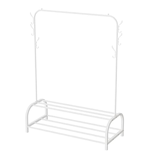 Yumyolk Perchero de 110 x 40 x 150 cm, perchero de pie multifuncional para dormitorio con 6 ganchos y estante inferior de 2 niveles para zapatos y cajas, c Cover
