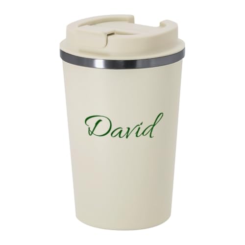 DEREGALOOS Vaso Térmico Personalizado con Nombre de 350 ml con Tapa Hermética. Acero Inoxidable Doble Capa. Libre de BPA. Ideal para Café, Oficina, RegaloS (Beige - 100% Personalizable)