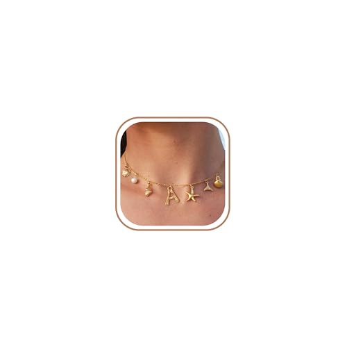 JALZEMPL Initial Charm Necklace For Women Shell Seashell Summer Beach Letter 14K Gold Plated Pendant Starfish Surfer Boho Jewelry Gifts (A)