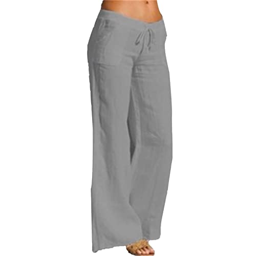 Maiyifu-GJ Women Cotton Linen Wide Leg Pants Summer Elastic Waist Drawstring Trousers Casual Regular Fit Straight Lounge Pant (Grey,4X-Large)