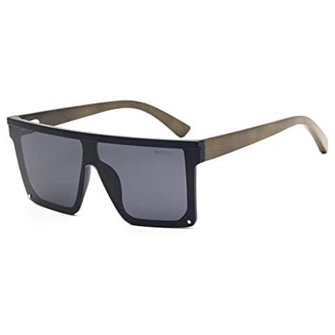 ANDOILT Wood Sunglasses for Men Women Oversized Polarized UV Protection Wooden Bamboo Fashion Flat Top Big Frame Sun Glasses Grey Leg Dark Black Frame Grey Lens Cover