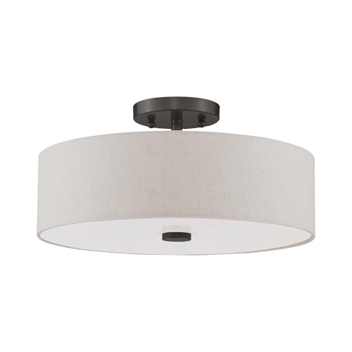 Image of Livex Lighting 52135-92 3-Light Semi Flush Ceiling Light, English Bronze | Oatmeal Color Fabric Hardback Drum Shade and Satin White Diffuser