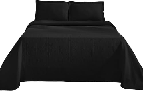 Superior Cotton Fleur De Lis Bedspread Set, Warm Blankets, All-Season Bedding, Bedroom Decor, Decorative Boho Medallion Coverlet, Includes 1 Bedspread, 2 Pillow Shams, Queen, Black