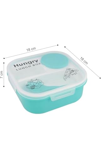 Image of Hungry Lunch Box with Water Bottle | Leakproof 3 Compartment Tiffin Box with Spoon, Fork & Sauce Container | BPA Free Food Grade Plastic | Microwave & Dishwasher Safe Lunch Box for School (Sea Blue)