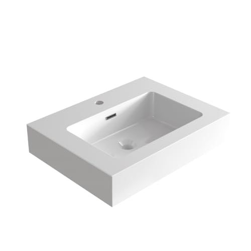 roomfitters 24-Inch Glossy White Integrated Solid Surface Bathroom Basin Sink Top with Overflow Hole