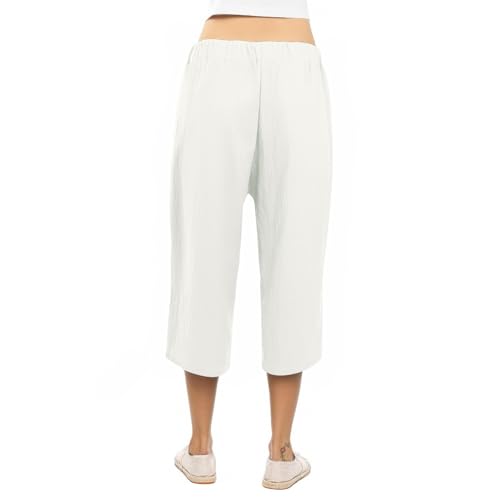Straight Leg Pedal Pushers for Women Lightweight Plus Size Linen Capri Pants Casual Tie Elastic Waist Bermuda Shorts4