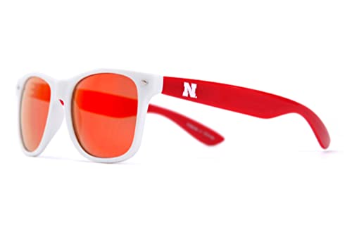 NCAA Nebraska Cornhuskers NEB-2 White Front Temple, Red Lens Sunglasses, One Size, White