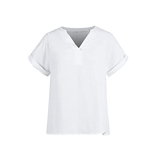 JEKE-DG Women's V Neck Rolled Short Sleeve Casual Loose Comfy Blouse T-Shirt Solid Color Elegant Basic Tee Tops (Small,White)