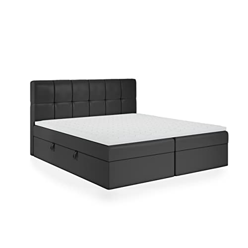 FEDVE Boxspringbett 180x200 Schwarz Öko-Leder – Mokpo – Praktisches Bett mit Bettkasten – Gemütlich Kopfteil Bett mit Matratze für Viele Jahr - Stabiles Doppelbett mit Stauraum zum Schlafzimmer
