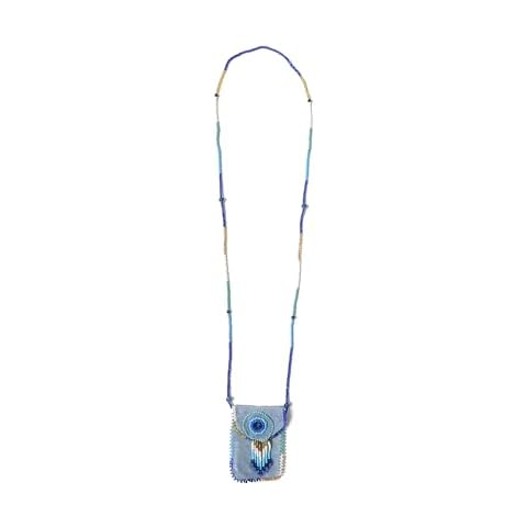 Mia Jewel Shop Authentic Leather Suede Medicine Pouch Seed Bead Fringe Dangle Necklace - Womens Fashion Handmade Bags Boho Travel Accessories (Light Blue) Cover