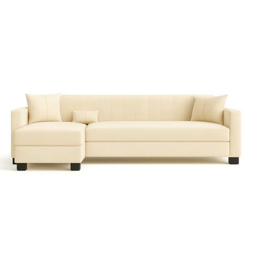 Image of SOCOZI Almeria 5 Seater LHS L Shape Sofa Set | Soft Velvet Suede Fabric | Modern Design | Plush Comfort Cushions for Living Room (Cream)