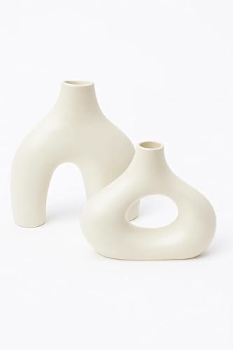 Image of SPHINX Ceramic Abstract Vase Set of 2 (7.5 & 5 Inch) | Nordic Minimalist Hollow & Arch Shaped Vases for Home, Table, Shelf, Office & Boho Decor | Matte Beige Modern Decorative Potter