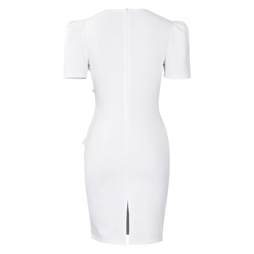 Image of Women Short Sleeve Office Pencil Dress Wedding Guest Church Floral Semi Formal Business Bodycon Midi Dresses