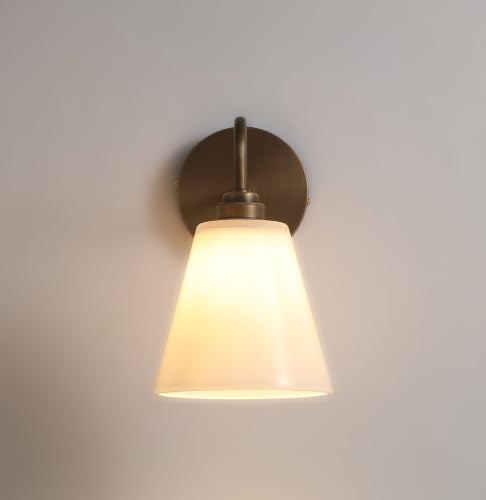 Image of Hardwired Vintage Antique Brass Wall Sconce with Milk Glass Cone Shade, Antique Bronze Finish Sconce for Kitchen Sink, Bathroom, Bedroom (Bulb Included)