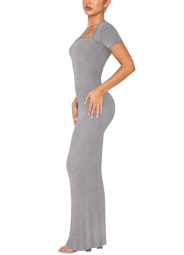REORIA Womens Summer Square Neck Short Sleeve Long Dress Formal Wedding Guest Elegant Ribbed Bodycon Maxi Dresses2