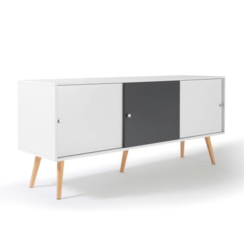 IDMarket - Buffet Bas scandinave 135 cm Effie 3 Portes Bois Blanc et Gris