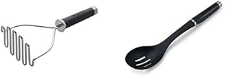 Gourmet Stainless Steel Wire Masher, One Size, Matte Black & Gourmet Nylon Slotted Spoon, One Size, Black