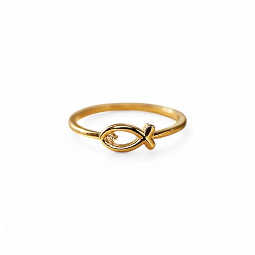 14K Gold Ichthys Fish Ring with Premium Stones, Christian Symbol Jewelry for Women, Faith-Based Religious Jewelry, Diamond-Cut Jesus Fish Ring for Baptism, Wedding, or Spiritual Gifts