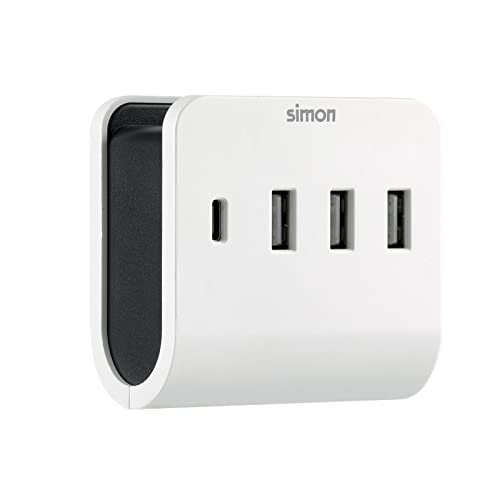 SIMON - Adaptador Con Soporte, Cargador Múltiple Con 4 Puertos USB (3 A + 1 C), 4,8 A, Soporte Para Smartphone y Smart Charge, Color Blanco y Negro