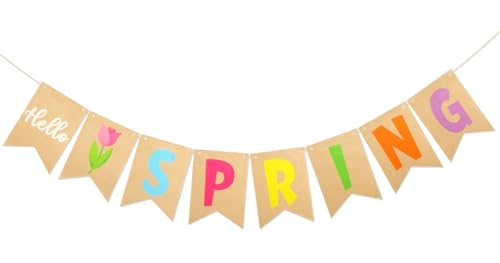 Konsait Hello Spring Banner Pre-assembled Tulip Burlap Spring Decorations Banner for Home Inside Room Mantle Wall and More
