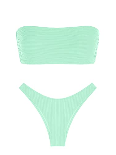Image of ZAFUL Women Strapless Textured Bandeau Bikini 2 Piece Swimwear Cheeky Solid Lace up Bathing Suits