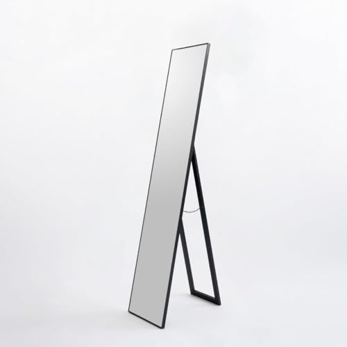 LOLAhome - Espejo de pie de Cuerpo Entero con Marco de Madera Negra de 151x31 cm. Pie Plegable para Colgar en la Pared. Ideal para vestidores y dormitorios. Moderno, Minimalista, Ligero y Estable.