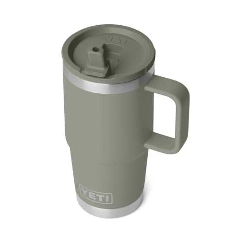 Image of YETI Rambler 20 oz Travel Mug with Flip Straw Lid - Stainless Steel, Vacuum Insulated, Leakproof, Cup Holder Friendly, Pampa Green