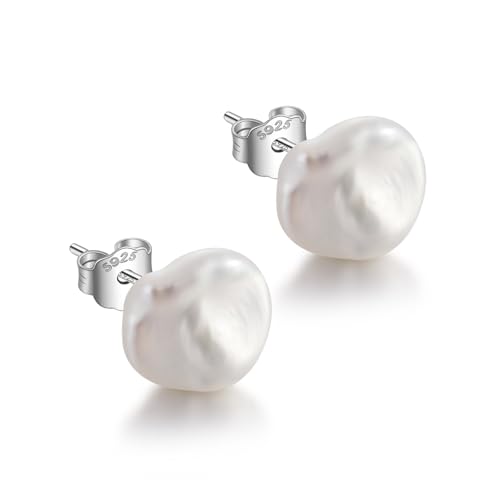 Pendientes barrocos de perlas Keshi para mujer, Width13-14mm, Plata de ley