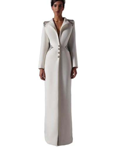 Women Long Blazer Dress Plus Size Slim Beading V Neck Jacket Prom Evening Guest Formal Wear Custom Made Satin