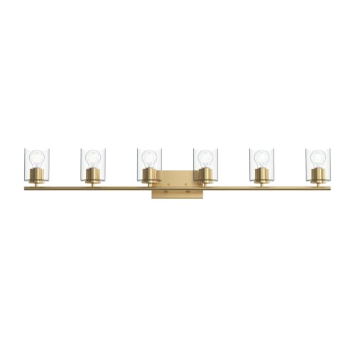 Image of Progress Lighting Replay 48 Inch 6-Light Vanity Light, Transitional, Brushed Gold with Clear Glass Shades, (7.875 inch H x 48 inch W x 6 inch D), P300585-191