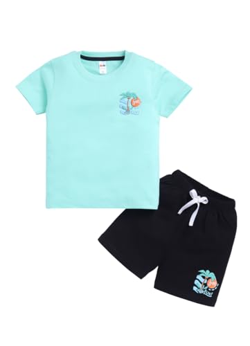 Image of LITTLE NINJA Cotton Half Sleeves Beach Theme Printed Coordinating Tee & Shorts Set - Green & Black