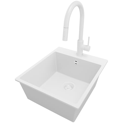 PRIMAGRAN Fregadero Granito Todo Blanco 43x50cm, Cocina 1 Seno + Grifo 40x20cm + Sifón, Sobre encimera al mueble 45cm - Riga S085