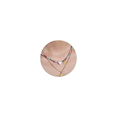Asivsa Beaded Initial B Necklaces for Women Choker Beaded Necklace Summer Boho Y2k Beach Bead Necklaces Gold Letter A-Z Necklace Jewelry Gifts Cover