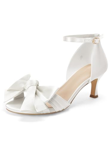 Coutgo Women's Kitten Heels Bow Low Heel Sandals Open Toe Ankle Strap Party Wedding Dress Shoes, White, Size 8.5