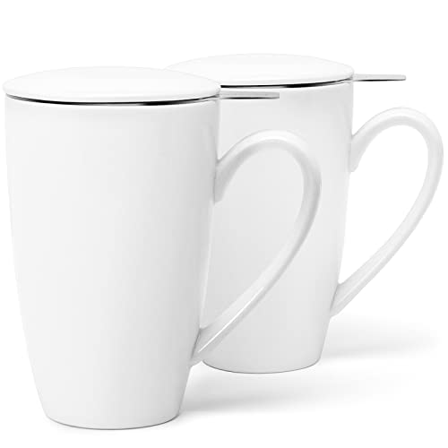 amHomel White Tea Mugs Set of 2 - 16 Oz with Infuser and Lid, Porcelain Mugs Cup for Tea, Cocoa, Drinks, Microwave and Dishwasher Safe(Couple Colors)