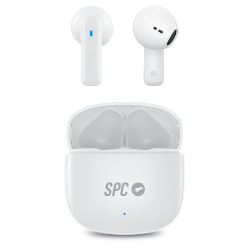 SPC Zion 2 Play – Auriculares inalámbricos Bluetooth para 28h de batería con varias cargas, ultracompactos, control táctil, manos libres, asistente de voz y estuche de carga USB-C muy pequeño - Blanco