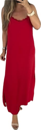 19 de enero Vestido Lencero Largo para Mujer, Talla Única, Estilo Suelto, Tirantes Finos con Encaje, Ideal para Verano (Rojo, Talla Unica)