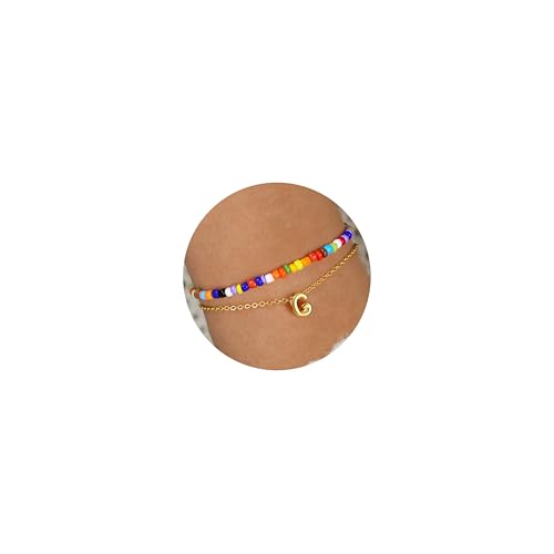 Image of Turandoss Colorful Bolo Initial Bracelet for Women - 18K Gold Plated Initial G Letter Colorful Beaded Link Charm Bracelet, Gold Jewelry for Women Gifts