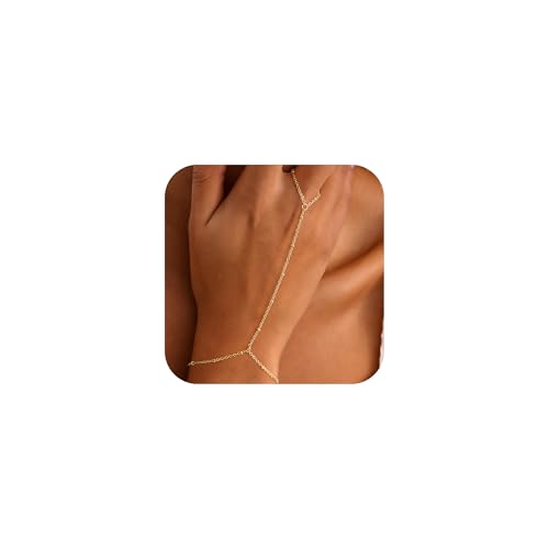 Hand Chain Bracelet for Women - 14K Gold Plated Ring Hand Chain Bracelet Dainty Link Finger Ring Bracelets Gold Jewelry Gifts for Women Trendy