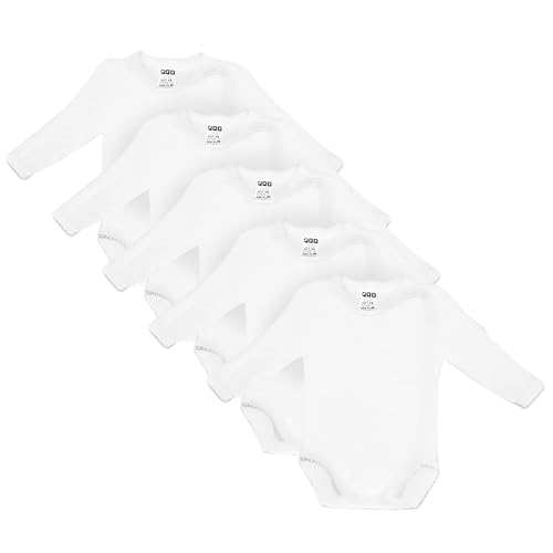 MEA BABY Wickelbody Baby Langarm 5er Pack Weiß (Creme) - Unisex Baby Body aus 100% Bio-Baumwolle, Weicher Langarmbody mit Druckknöpfen, Erstausstattung für Neugeborene Jungen & Mädchen (56)