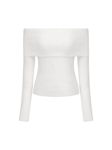 CIDER Women’s Off Shoulder Knitted Long Sleeve Tops Fall Pullover Sweater : Cream, L