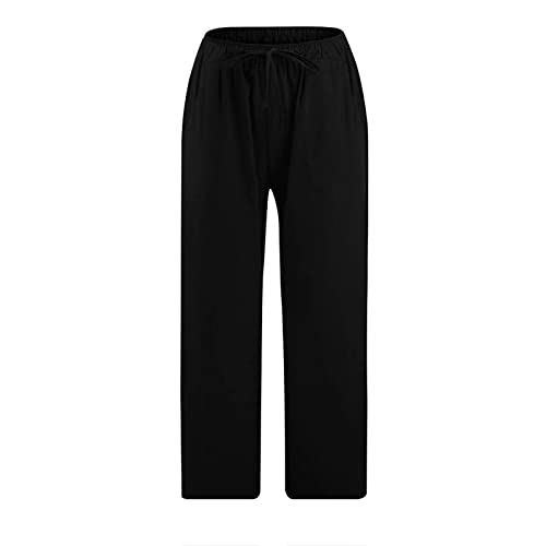 Womens Dress Pants High Waisted Lightweight Summer Pants Women Casual Cotton Linen Cropped Pants Elastic Waist Drawstring Wide Leg Capris Trousers Black 3X #TOP3