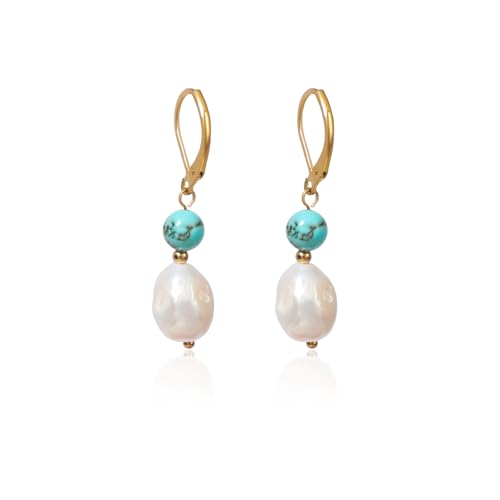 Natural Freshwater Pearl Lever Back Earring for Women 18k Real Gold Plated Huggie Hoop Earring Natural Gemstone Pearl Bead Drop Jewelry Gift for Wife Girlfriend Daughter