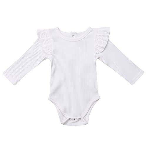 Image of Mubineo Infant Baby Girl Basic Plain Rib Knit Ruffle Long Sleeve Romper Bodysuit Tops