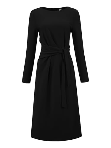 Women's Knee Length Pencil Dress Long Sleeve Tie Waist Church Work Sheath Dresses