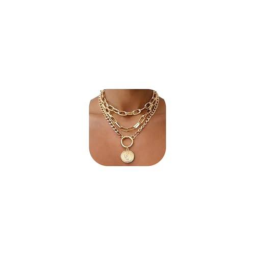 iF YOU 3 Pcs Vintage Gold Layered Necklaces for Women Trendy Chunky Cuban Link Paperclip Chains Necklace Stack Coin Pendant Necklace Set Summer Beach Jewelry Gifts